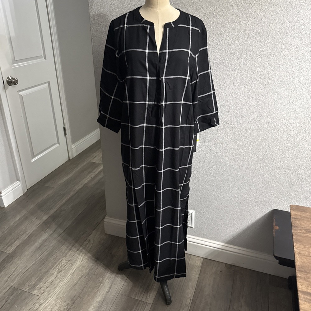 Donna Karan SleepWear Women's Black Plaid Woven Maxi Sleep Shirt Medium NWT New